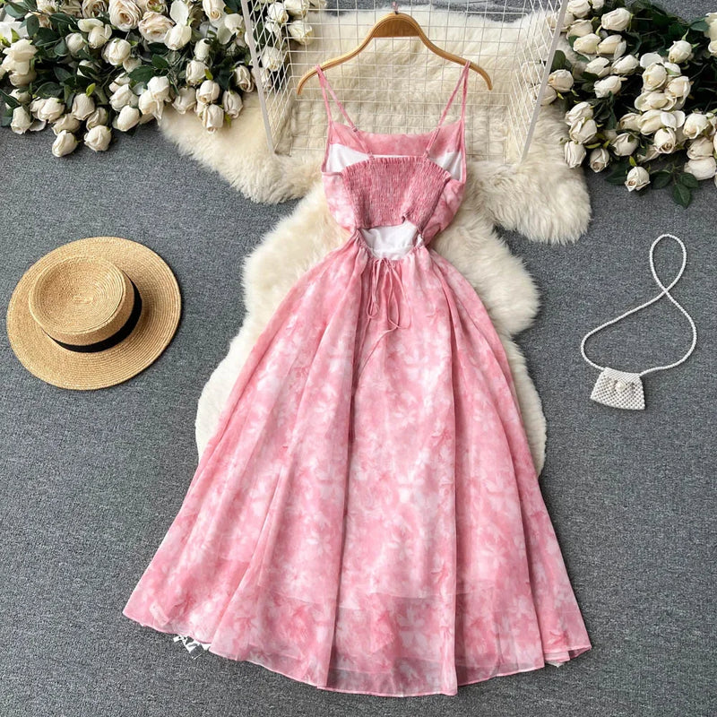 Singiny feminino floral cinta de espaguete vestido elástico ruched sexy oco sem costas vestido de festa verão boho férias praia vestido de verão