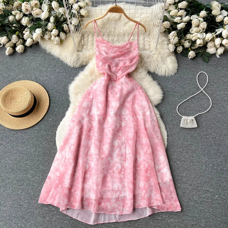 Singiny feminino floral cinta de espaguete vestido elástico ruched sexy oco sem costas vestido de festa verão boho férias praia vestido de verão